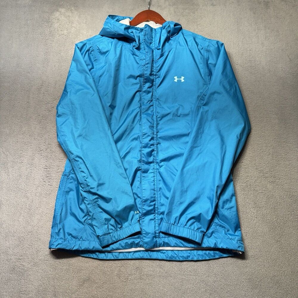 Under Armour Womens Medium Jacket Blue Hooded Storm3 Rain Windbreaker Mesh Zip